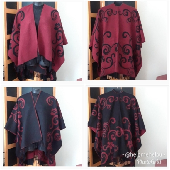 Jackets & Blazers - Reversible Printed Poncho w/fringes
